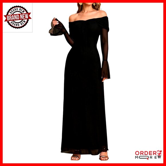 Off Shoulder Long Sleeve Maxi Dress Bodycon Tie Formal Elegant Party Wear